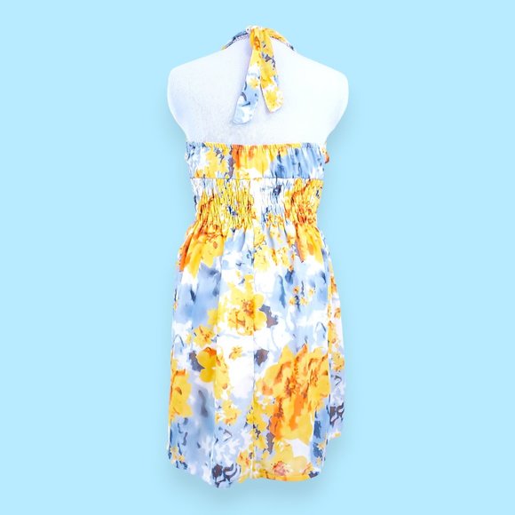 Flowy Floral Watercolor Chiffon Halter Dress with Buttons M - Picture 4 of 7